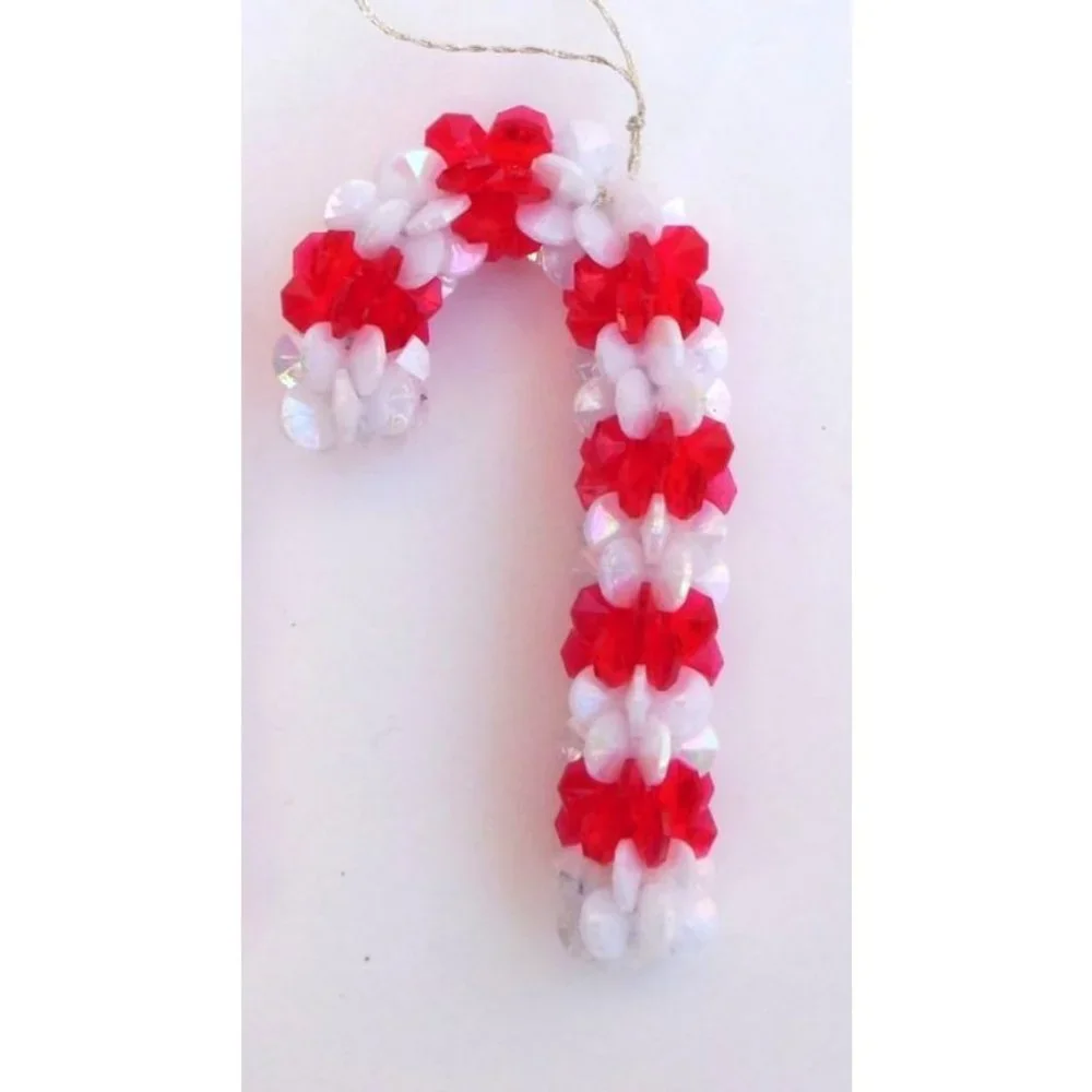 Lot of 4 Handmade Plastic Bead Christmas Ornaments Wreath Candy Canes 1970s